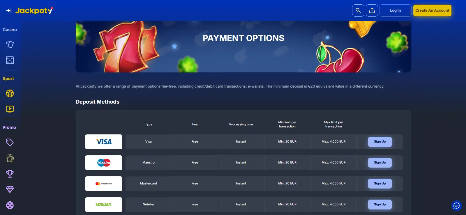 Current Jackpoty official payments page showing supported payment methods