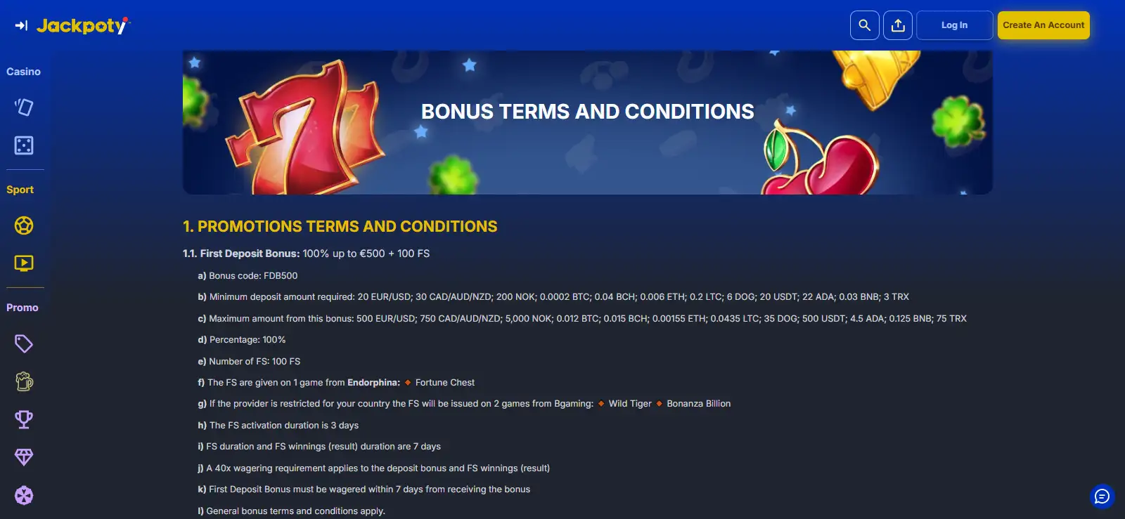 Current official Jackpoty bonus terms showing the first-deposit promotion details