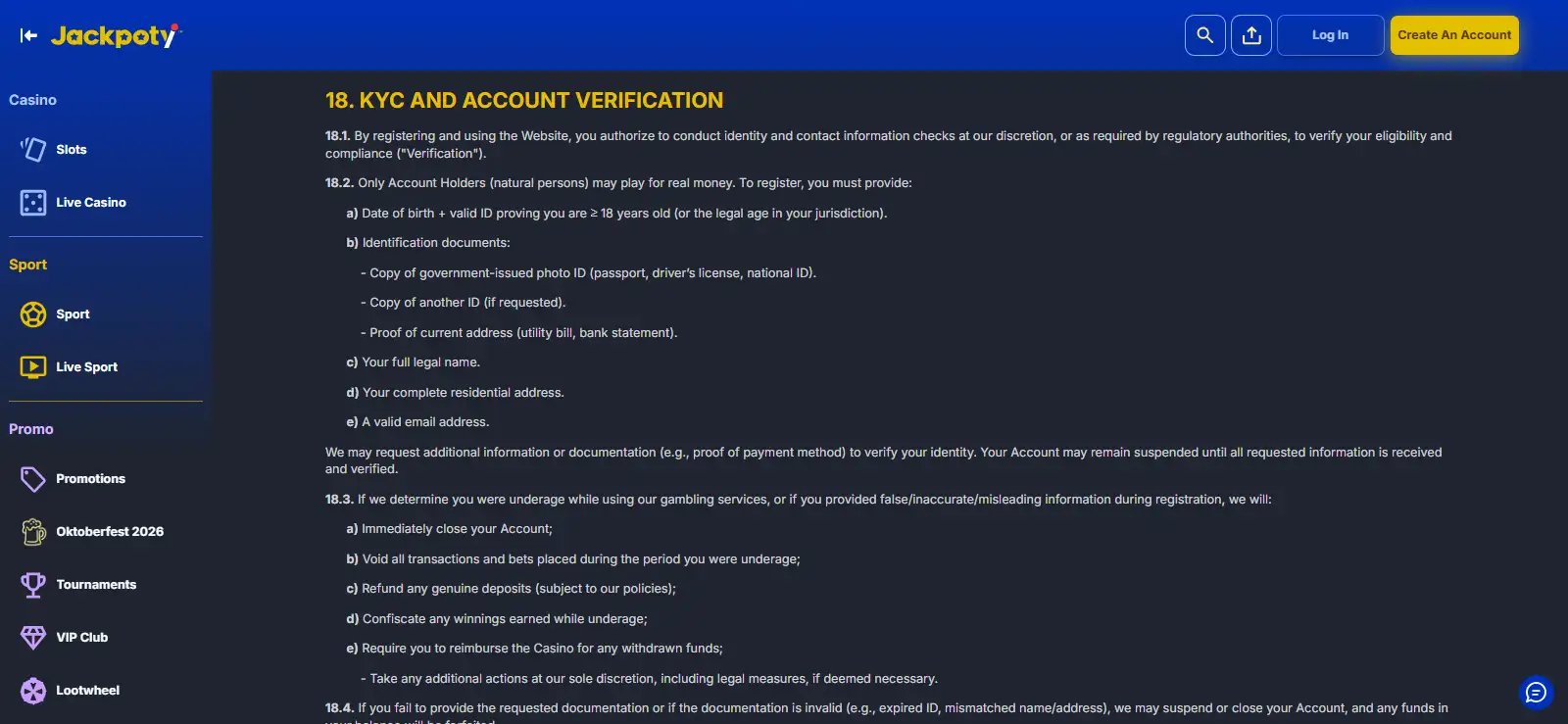 Jackpoty terms covering identity and account verification