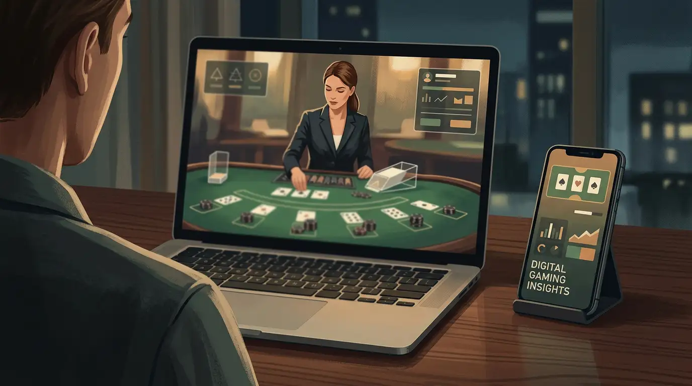 Editorial illustration of a live casino table viewed on a laptop and mobile phone