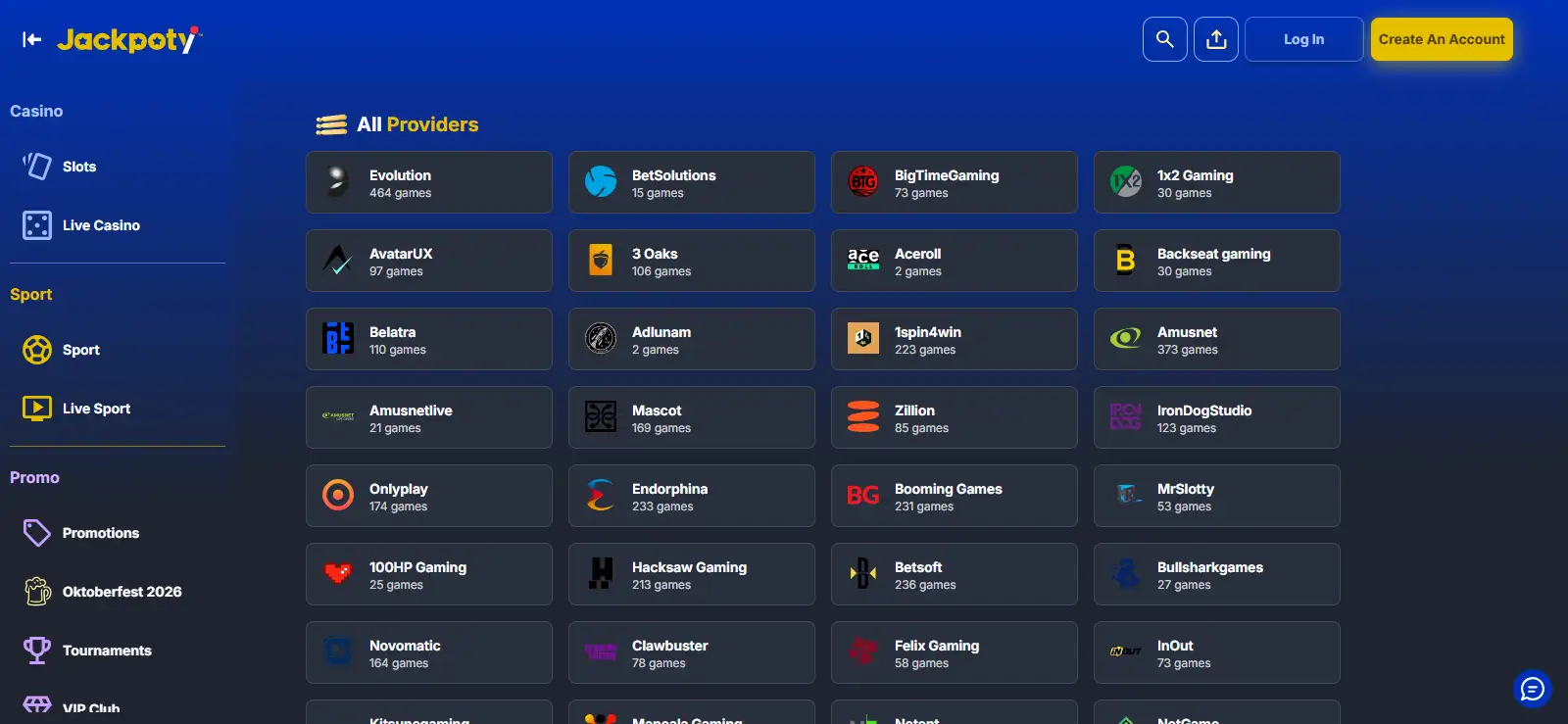 Jackpoty provider catalogue showing a selection of game suppliers