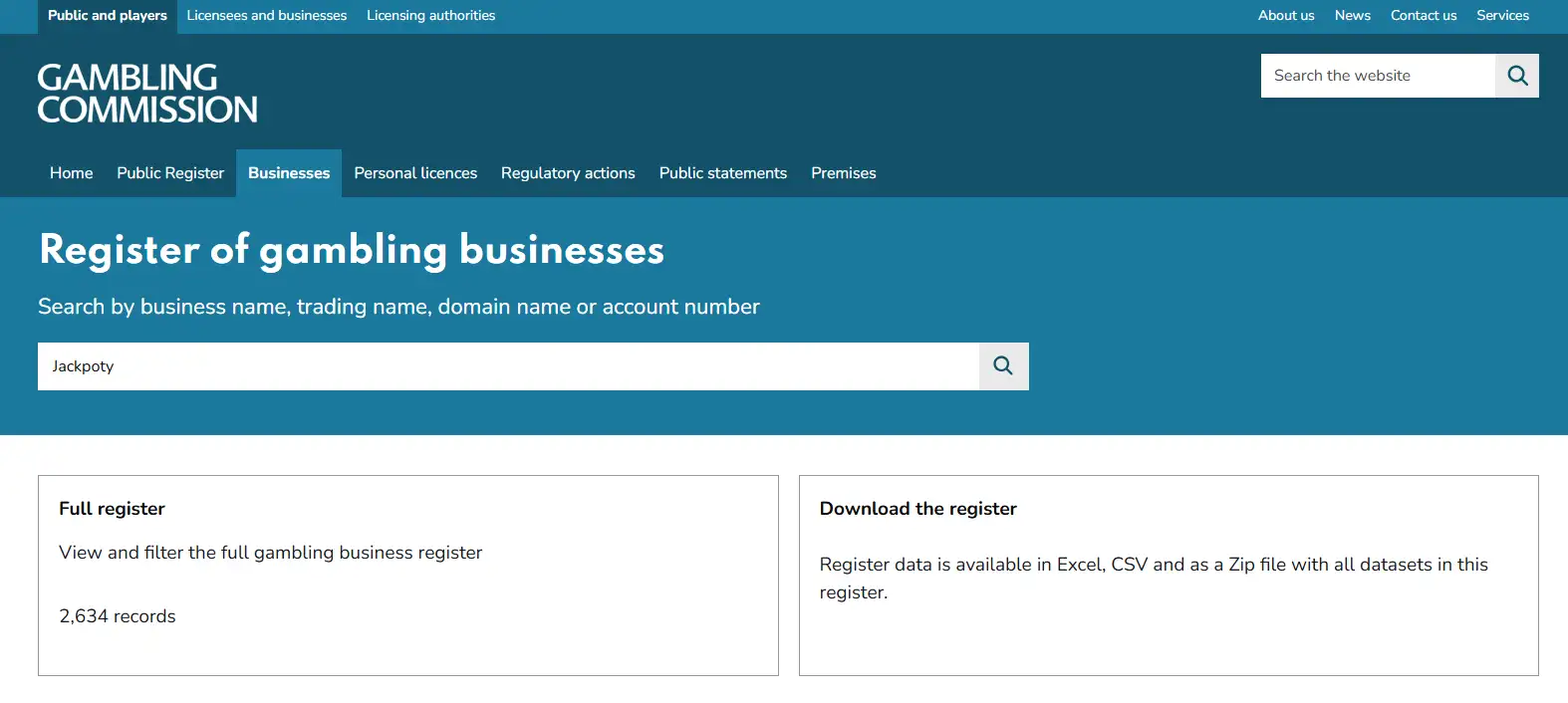 UK Gambling Commission public register search interface used to check Jackpoty licence status
