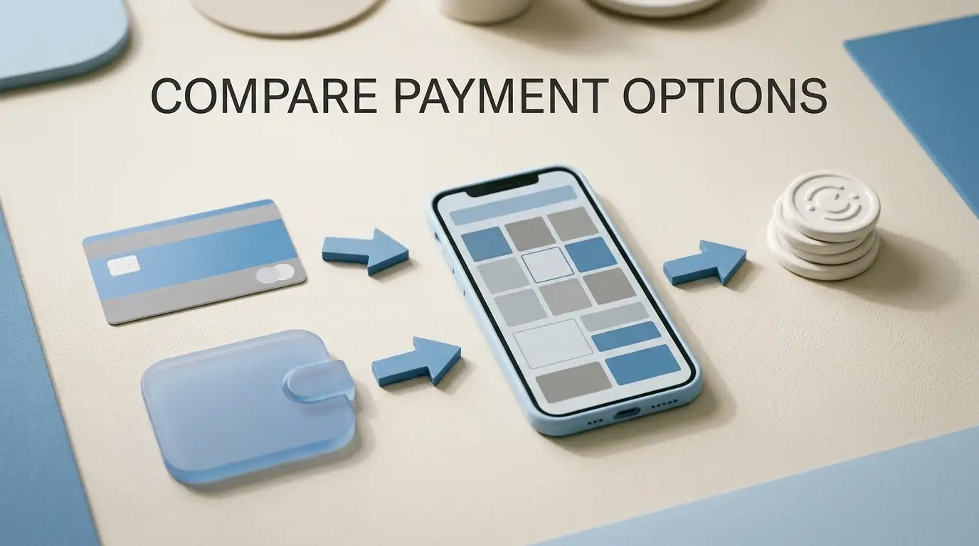 Concept illustration of casino payment choices using a debit card and e-wallet decision flow