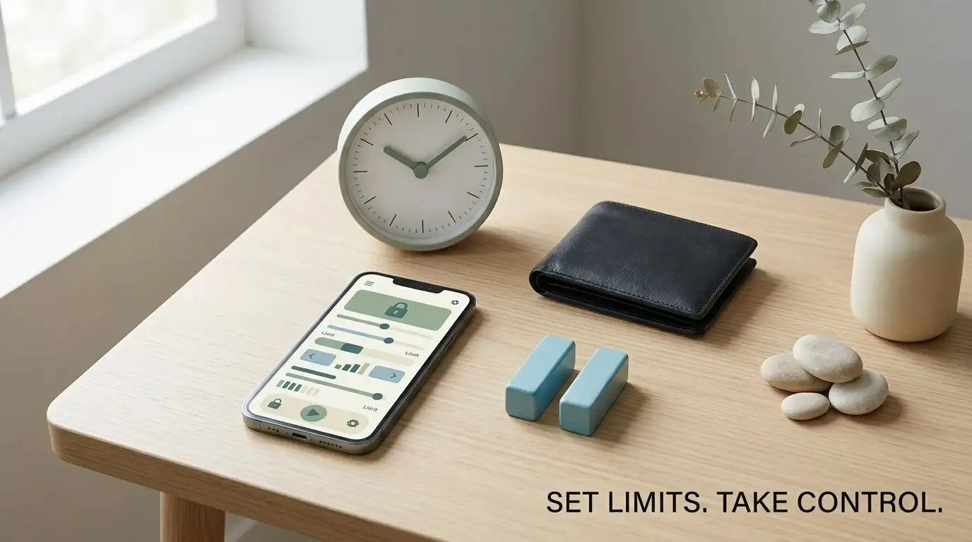 Concept illustration of responsible gambling controls including limits, a timer and self-exclusion settings